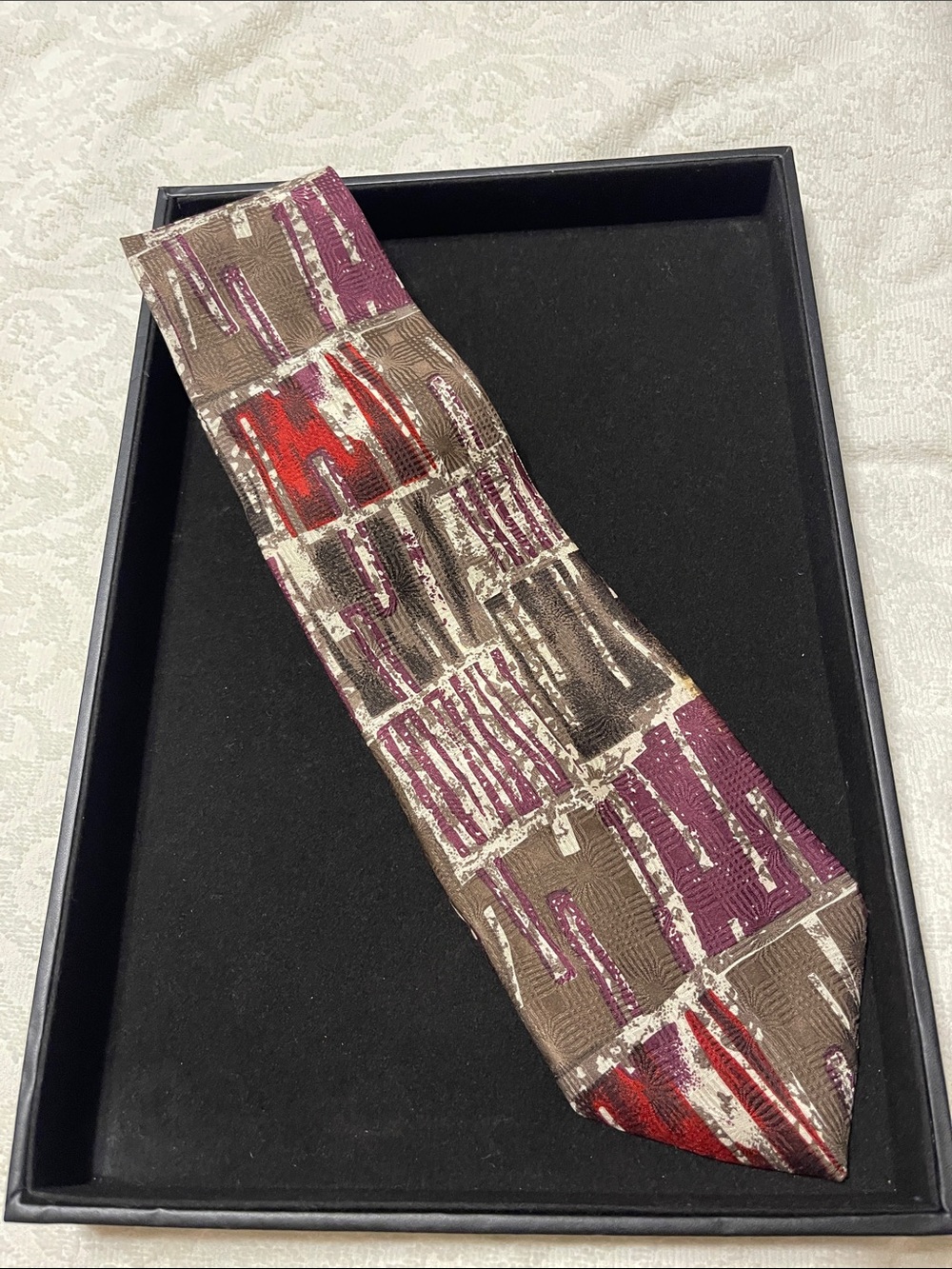 Pierre Balmain Abstract Geometric Silk Tie in Purple, Brown and Red